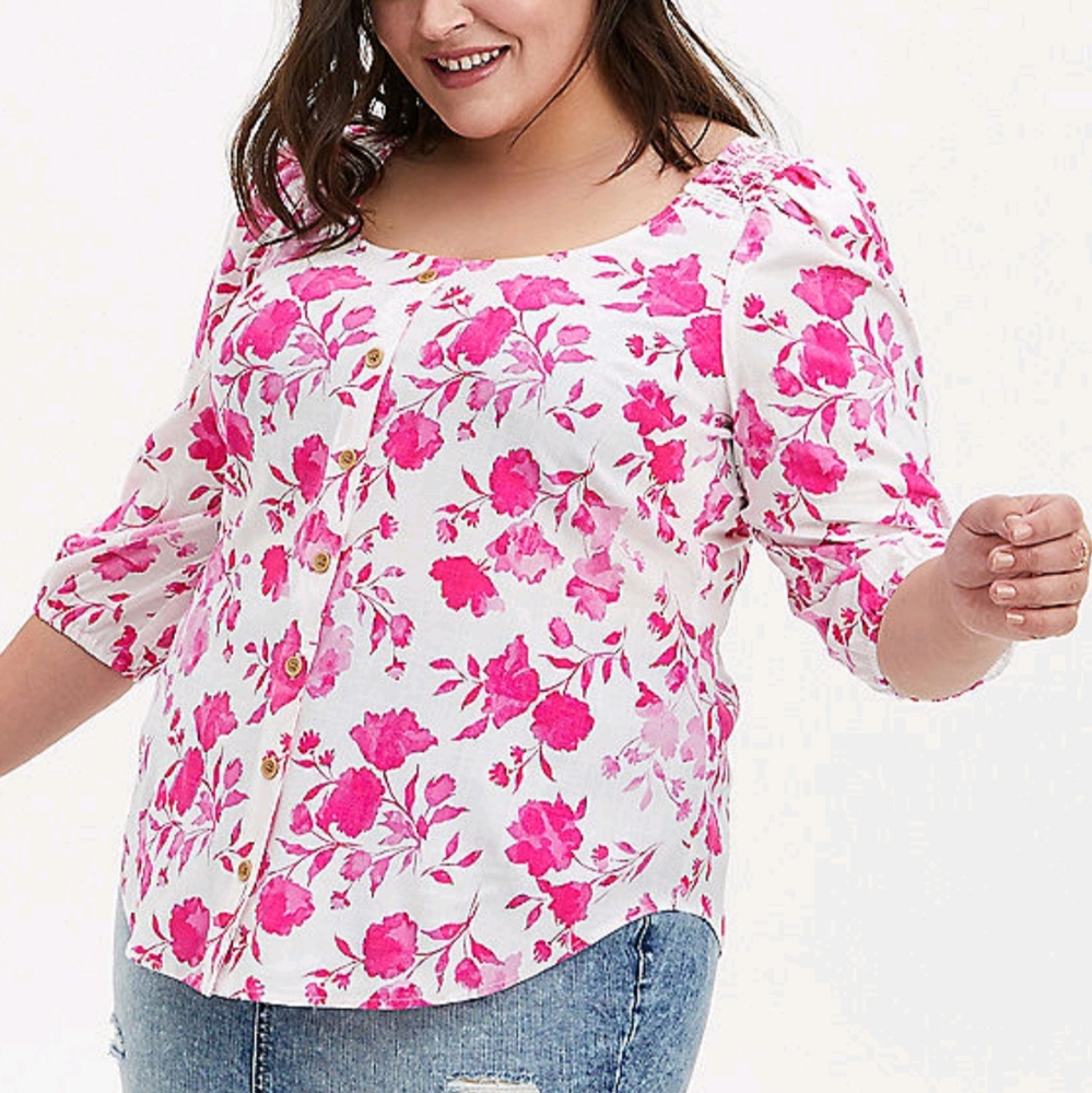 Torrid Floral Button Front Puff Sleeve Top